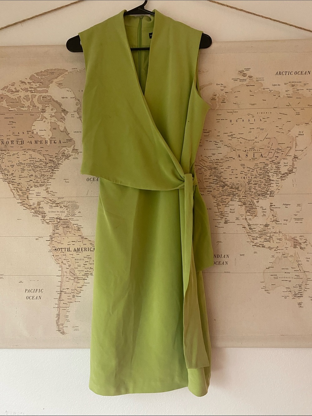 Sleeveless Lime Wrap Midi Dress with Side Tie/100% silk